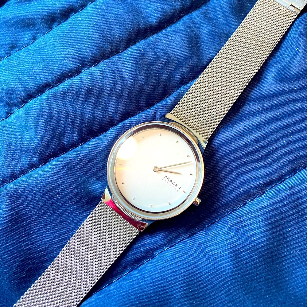 Skagen Silver Mesh Watch with White Dial
